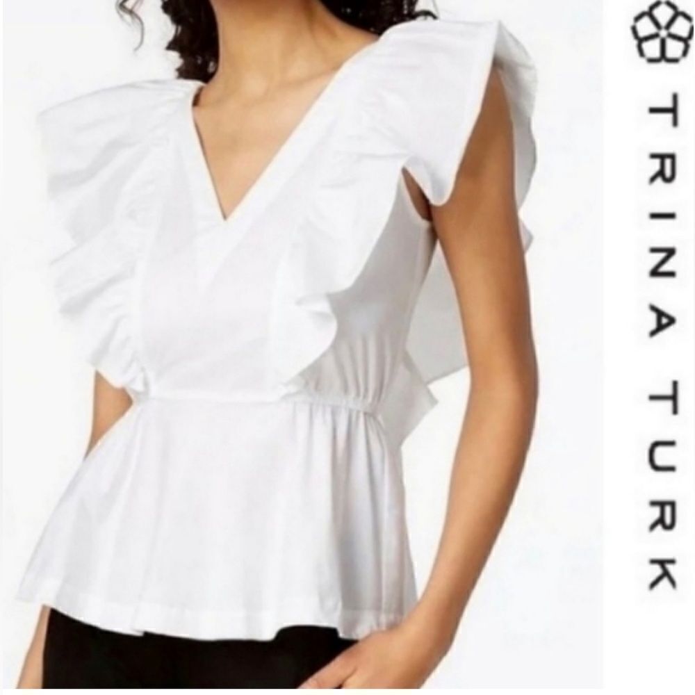 TRINA TURK White Cotton Poplin Luscious Ruffled Top, Size S